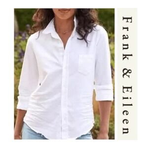 Frank & Eileen White Barry Distressed Creased Denim Tailored Button Down Shirt M